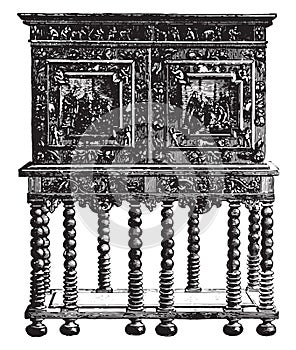 Office furniture on credence table ebony sixteenth century Hammer Museum in Stockholm, vintage engraving
