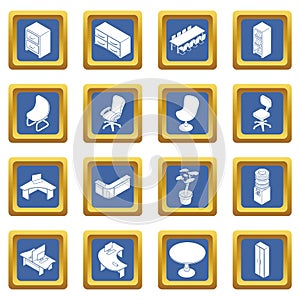 Office furniture icons set blue square vector