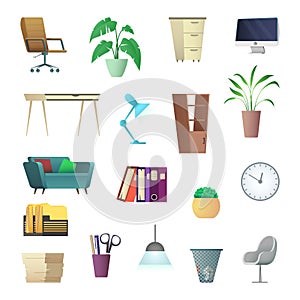 Office furniture and interior objects. Cartoon collection