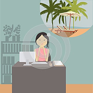 Office girl dreams of the sea. Waiting for the travel. Vector il