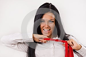 Office girl remove red necktie