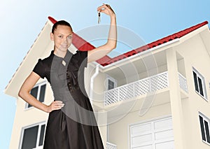 Office girl standing on background of country