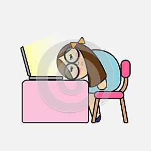 Office girl tried of working cartoon vector illustration.Cute unhappy sleepy long hair woman nap on table with laptop.