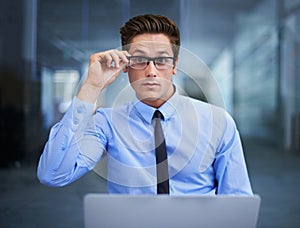 Office, glasses and portrait of business man ready for online laptop research, ecommerce or working on financial banking