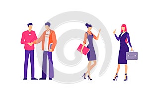 Office greetings to employees illustration. Female and male characters congratulate each other.