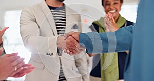 Office, handshake and business people with agreement for partnership, teamwork and networking. B2b, deal and