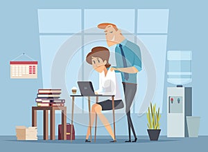 Office harassment. Sexual molestation on workplace. Leader and female worker, management vector illustration