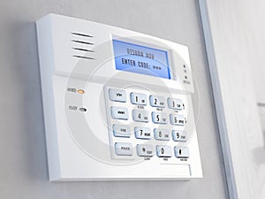 Office of home security alarm concept. Home security alarm keypad