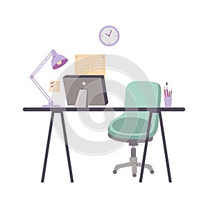 Office or home workplace with table, chair, computer and lamp, cartoon style. Trendy modern vector illustration isolated