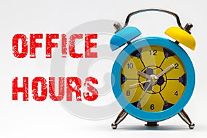 Office hours on a white background. Retro alarm clock