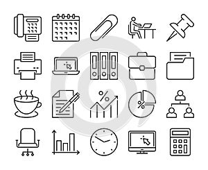 20 Office icons. Office work line icon set. Vector illustration. Editable stroke.