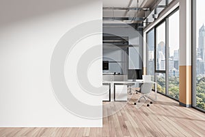 Office interior with coworking and meeting space, panoramic window. Mock up wall