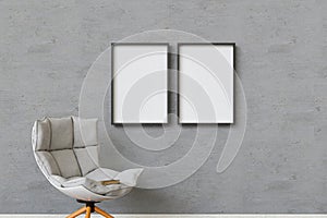 Office interior design with gray wall 3d study black frame mockup