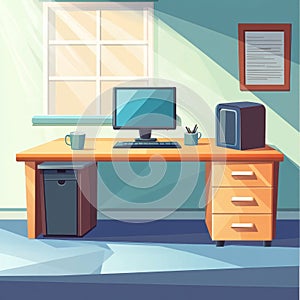 Office interior with desk and computer. Flat design. Vector illustration.