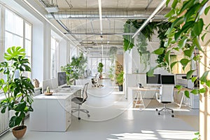 Office interior with green plants, desks and computers, empty modern room with white design. Theme of business, work, space,