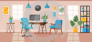 Office interior. Modern office workspace, workplace room interior with desk, chair, armchair and bookcase vector