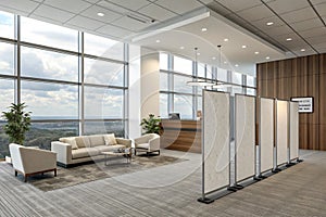 Office interior with reception desk and seating
