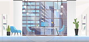 Office interior room vector illustration, cartoon flat panoramic empty workplace inside background with modern office