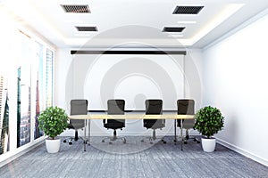 Office interior with table and chairs palnts on modern room meeting .3D rendering