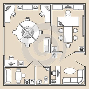 Office interior, top view architecture plan vector illustration