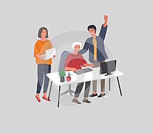 Office interior with workers communicating or talking to client or conversations between boss and trainee training