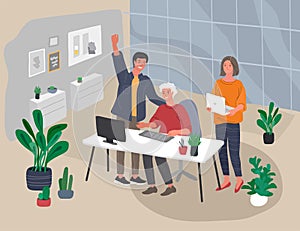 Office interior with workers communicating or talking to client or conversations between boss and trainee training