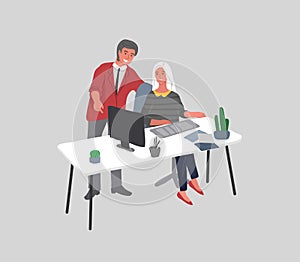 Office interior with workers communicating or talking to client or conversations between boss and trainee training