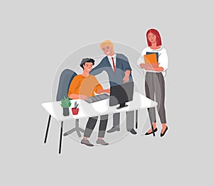 Office interior with workers communicating or talking to client or conversations between boss and trainee training