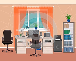 Office interior workspace with furniture and stationery. Workplace organization in home environment.