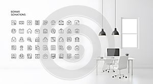 Office Interior with Workspace and Set of Business Icons Against White Wall
