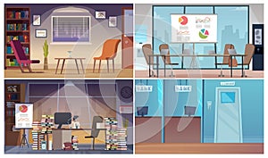 Office interiors. Different company, home work place, business center areas vector set