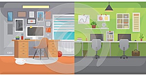 Office interiors horizontal banners. Bussines workplace with computer and table