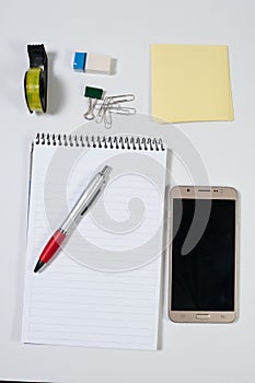 Office items and business elements on a desk. Concept of creative office. Top view