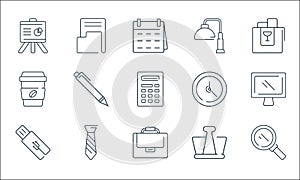 Office items line icons. linear set. quality vector line set such as , suitcase, flash drive, paper clip, necktie, coffee cup,