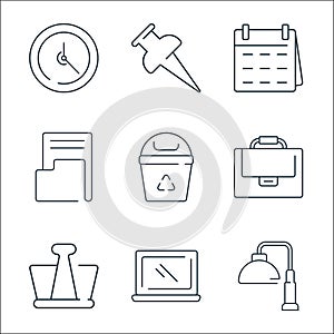 office items line icons. linear set. quality vector line set such as desk lamp, laptop, paper clip, suitcase, trash bin, folder,