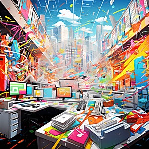 Office Jam: A dizzying explosion of office supplies in a colorful cacophony, embodying the energetic chaos and