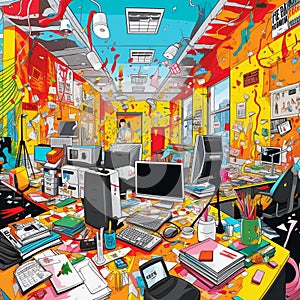 Office Jam: A dizzying explosion of office supplies in a colorful cacophony, embodying the energetic chaos and