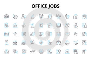Office jobs linear icons set. Administrative, Accounting, Communications, Customer support, Data entry, Emailing