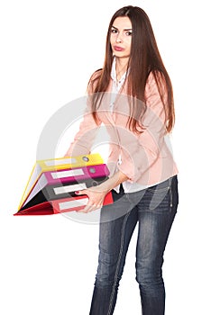 Office lady with file folders, isolated on white