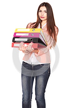 Office lady with file folders, isolated on white