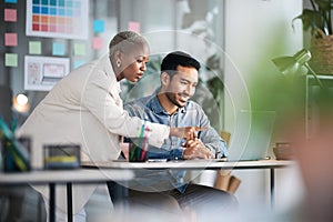 Office laptop, diversity teamwork and happy people review media application layout, creative design or research project