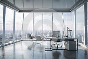 office with large, floor-to-ceiling windows, showcasing a view of futuristic cityscape