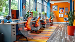 Office With Large Wooden Table and Orange Chairs