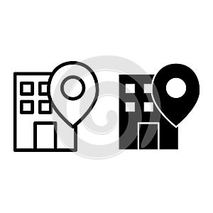 Office location pin line and glyph icon. Building on map vector illustration isolated on white. Gps outline style design