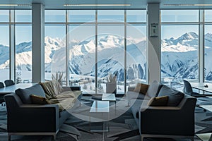 office lounge area with view of snowy peaks