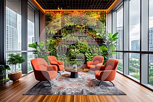An office lounge has orange chairs and a green wall.