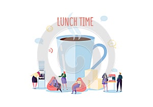 Office Lunch Time. Business People Characters on Coffee Break. Employees Talking, Resting and Drinking Hot Drinks