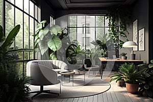 office with lush greenery and natural light, setting the scene for a relaxing working environment