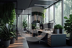 office with lush greenery and natural light, setting the scene for a relaxing working environment