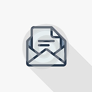 Office mail, open envelope, email thin line flat icon. Linear vector symbol colorful long shadow design.
